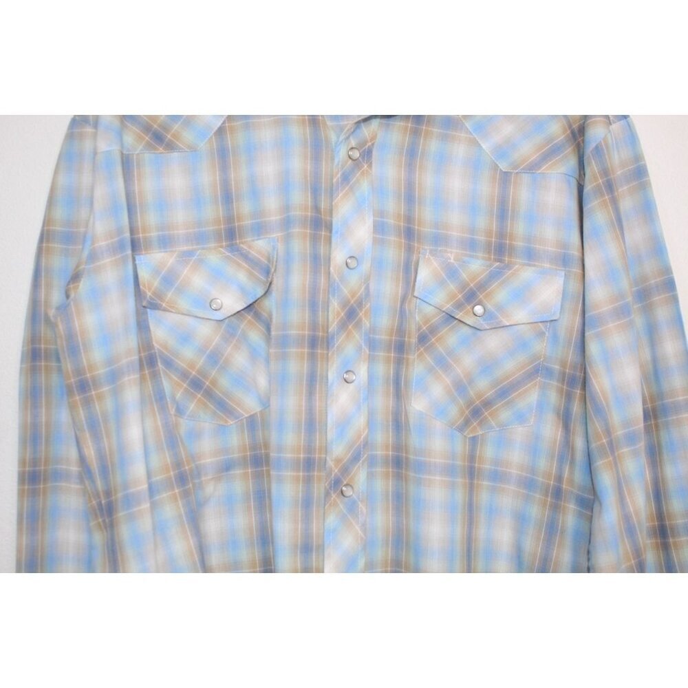 Roper Men's Cowboy Shirt L Blue Tan Plaid Western Pearl Snap Casual Fit Relaxed - Picture 3 of 15